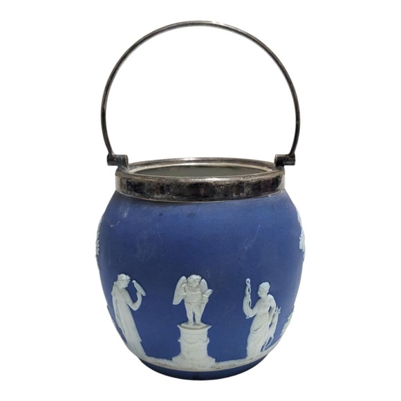 Vintage Wedgwood Jasperware Dark Blue Large Biscuit Barrel England No Lid - Picture 3 of 7